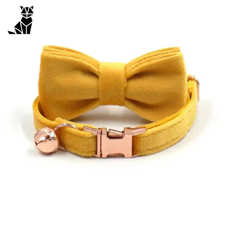 Magnifique collier chat : Collier chat en velours de qualité avec nœud papillon jaune, fermoir en or rose