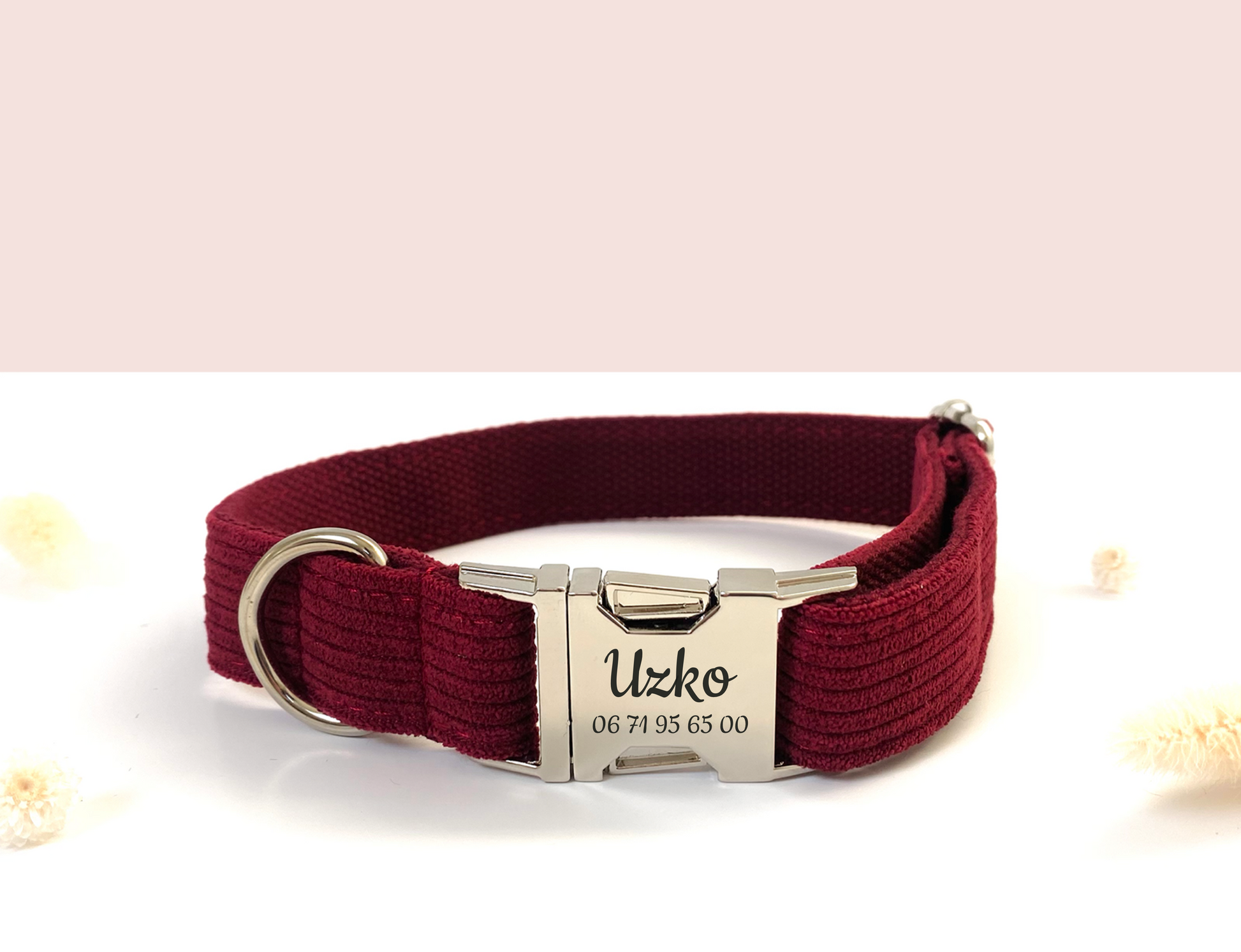 Collier Chien Personnalisé Velours Côtelé Bordeaux