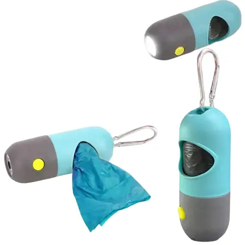 Distributeur de sacs à crottes LED pour les promenades nocturnes - Lampe de poche avec sac bleu, parfait pour les promenades nocturnes Transparent Background