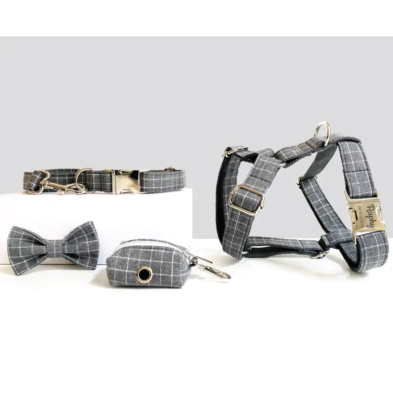 Kit Complet Chien Personnalisé Coton Carreaux Gris