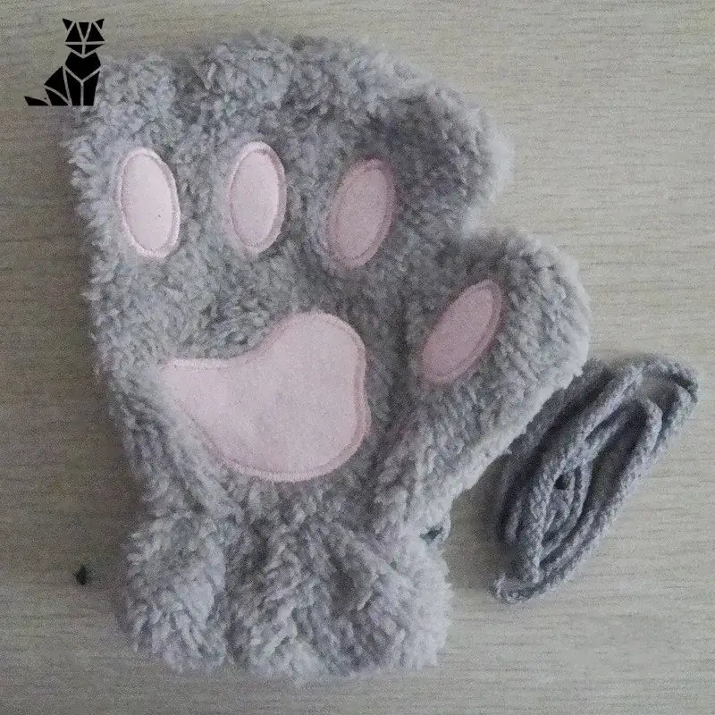 Gants en polaire Coral - Adorables moufles de chat gris avec pattes roses, Doux Gants