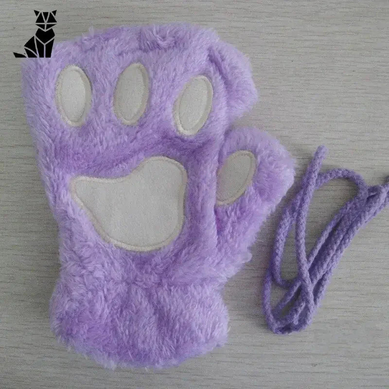 Gants en laine polaire Coral - Gants à patte de chat violet avec patte blanche, Gants Doux