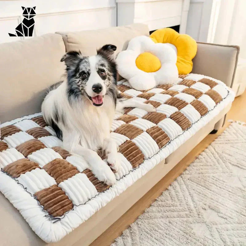 Chien douillet sur le canapé avec la housse de canapé à carreaux crème : Style et protection pour les animaux