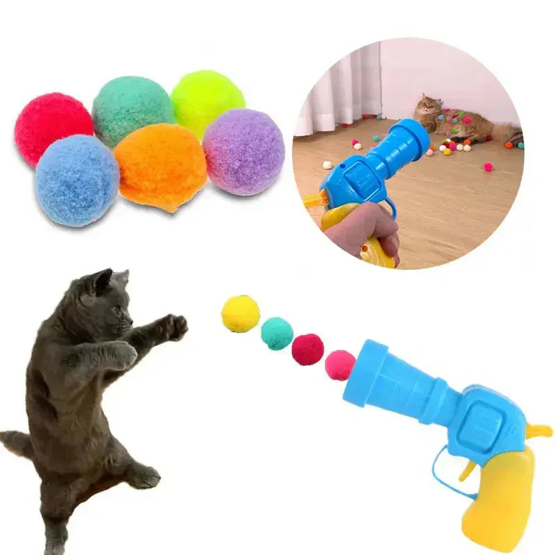 Jouet interactif pour chat - Mini lanceur de pompons avec un chat jouant du pistolet et discutant