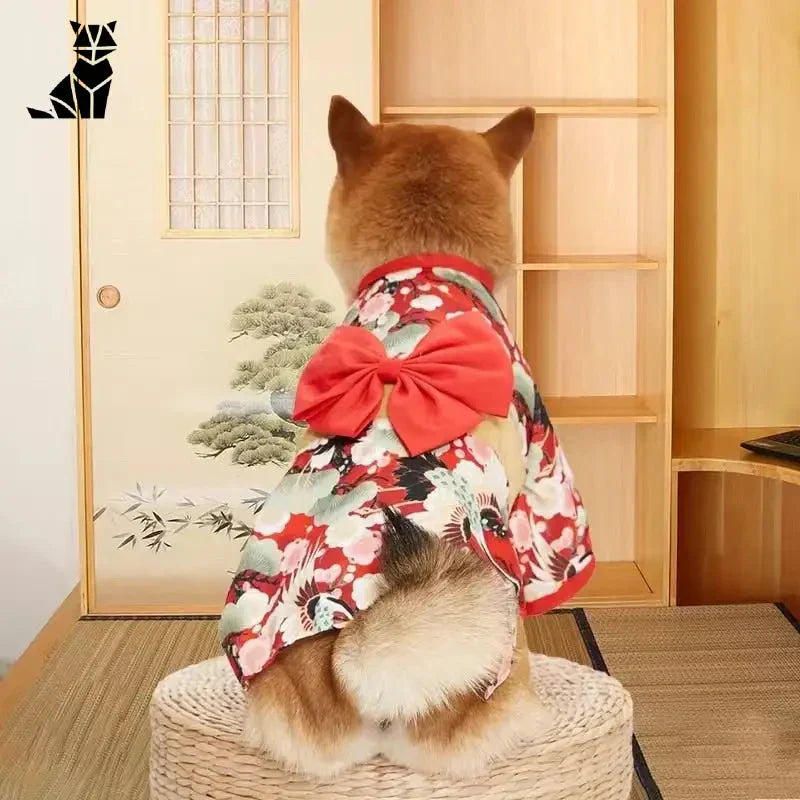 Chien en nœud papillon rouge assis sur un panier - Vêtements japonais de style kimono pour chiens et chats