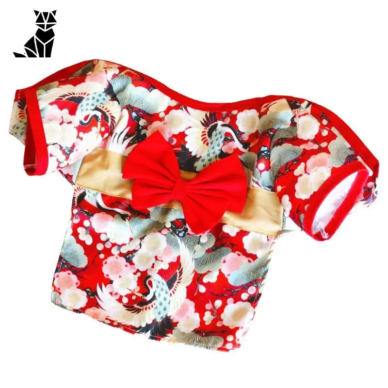 Chemise pour chien de style kimono à fleurs rouges et blanches avec nœud, Vêtements pour chiens et chats : Kimono japonais