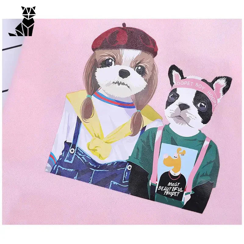 Peinture de deux chiens en veste chaude avec capuche, sur fond rose