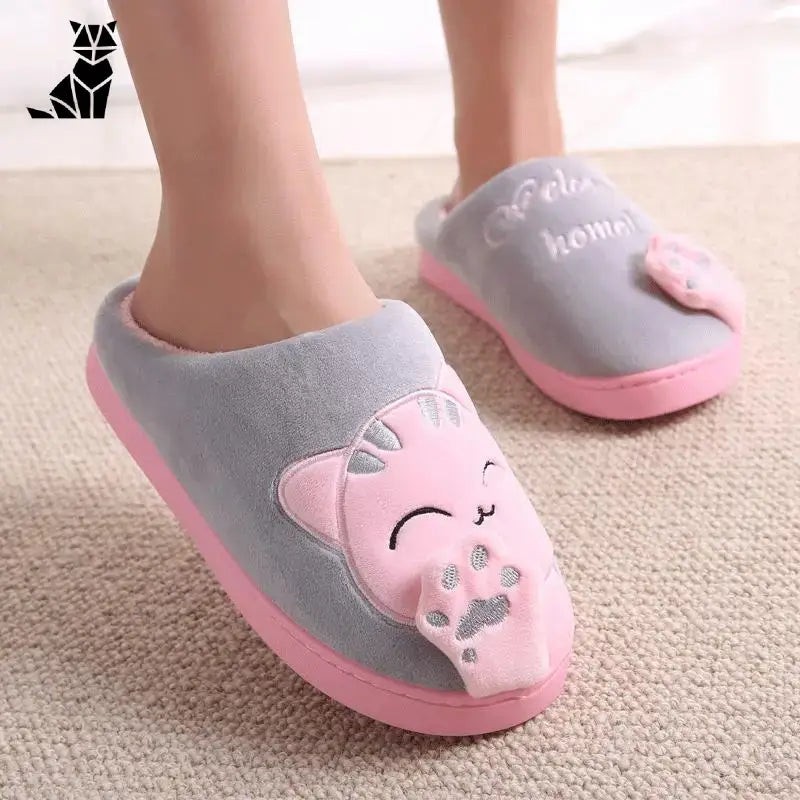 Pantoufles Chat Mignonnes Pour Les Amoureux Des Félins - Gris Et Chat Rose / 36