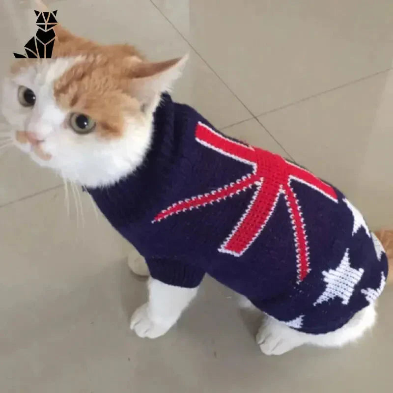 Chat en pull de Noël avec drapeau britannique : Douceur hivernale festive pour les animaux de compagnie !