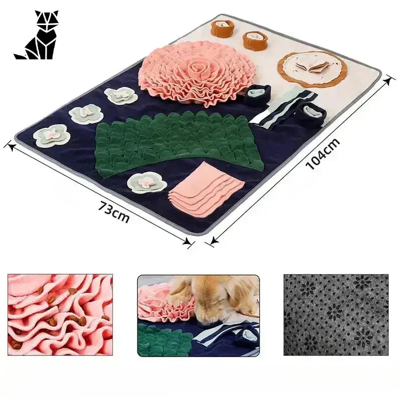 Chien couché sur un tapis interactif avec une fleur - Expérience ludique d’alimentation canine